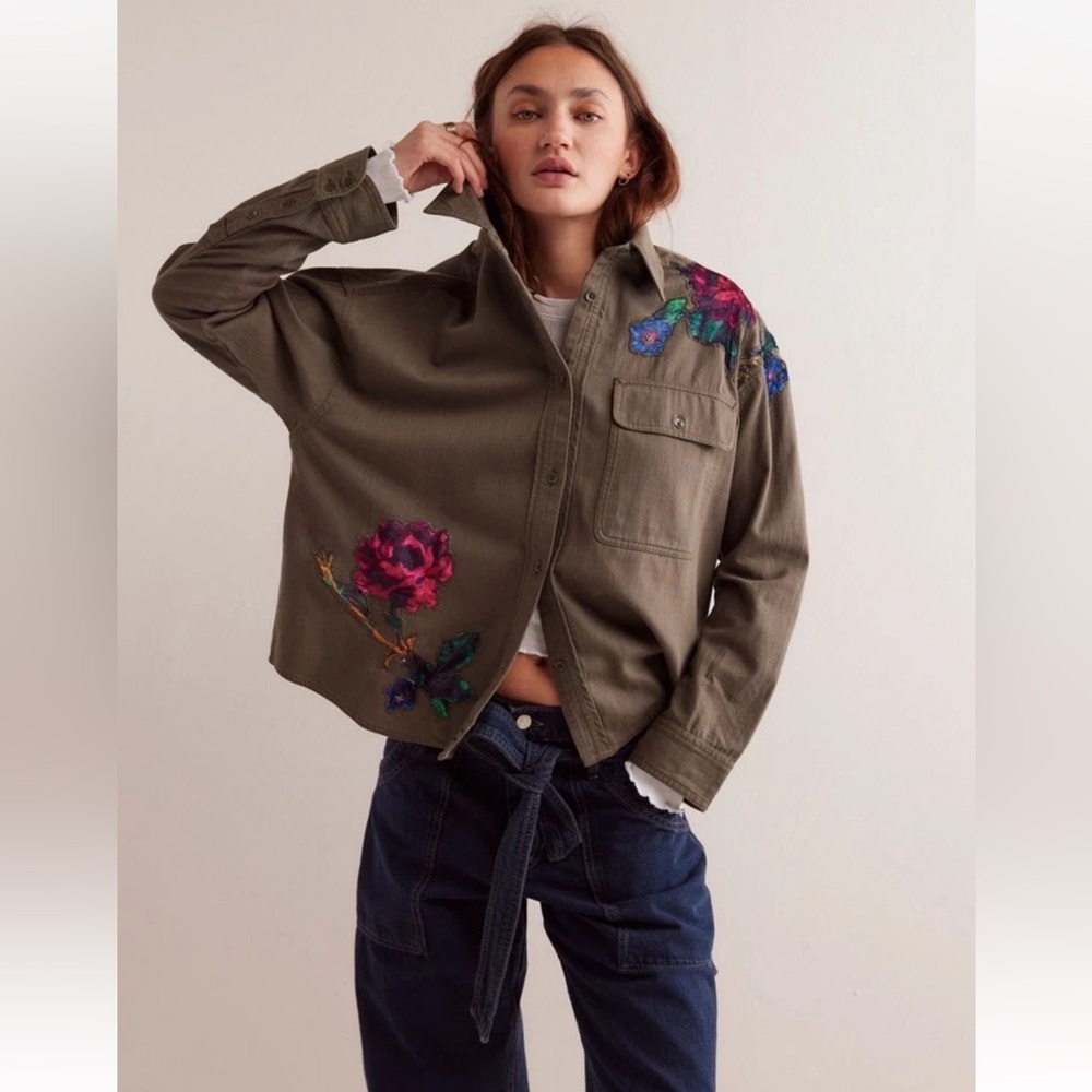 NWT Free People We The Free Velvet Roses Shirt Army Combo $198.00 Size: Small